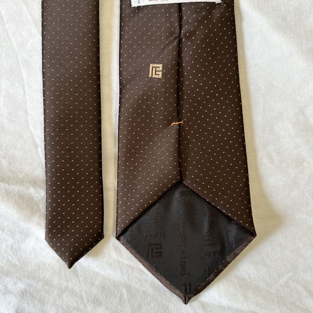 Pierre Balmain Paris Tie Embroidered Logo Micro Polka Dot Handmade Italy Brown - Picture 7 of 9